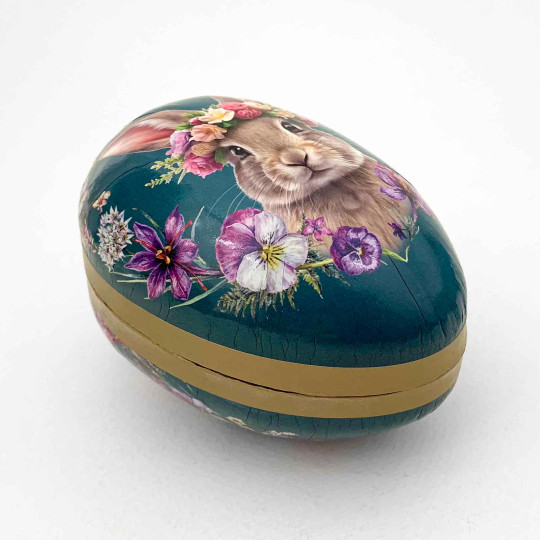 4-1/2" Bunny with Flower Crown on Teal Papier Mache Easter Egg Container ~ Germany